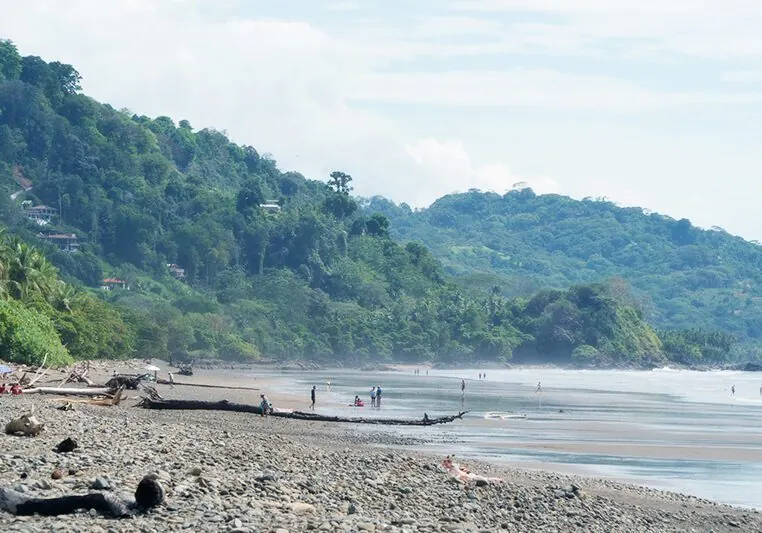 Playa Dominical: a pebble and sand beach with driftwood, surfers and forested hills
